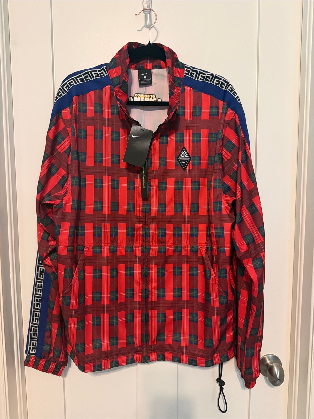 Nike Coming to America Red Plaid Lightweight Jacket with Blue Shoulder Accents